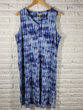Denim & Co Naturals XL Blue Tie Dye Shift Dress VNeck Sleeveless Pockets TIE21E
